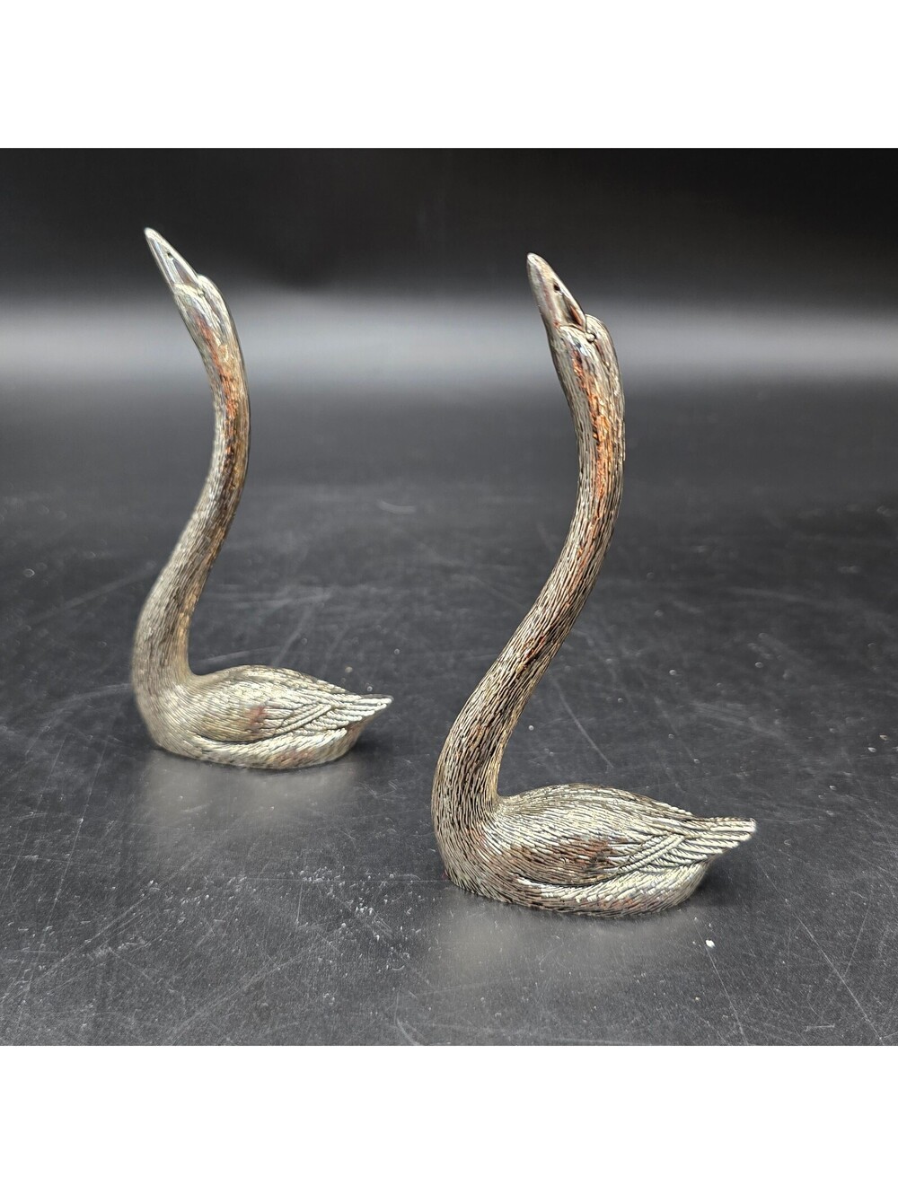 Vintage Silver Metal Swan Figurines Pair Mid Century Modern Ring Holder Decor